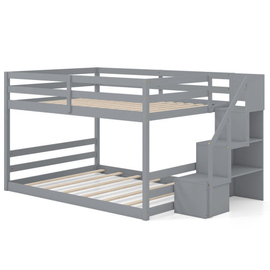 Solid Wood Full Over Full Low Bunk Bed with Storage Stairs-Gray