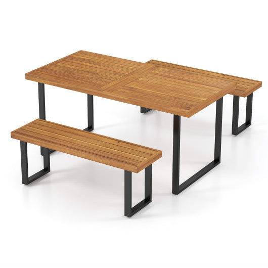 3 Pieces Patio Dining Table Set 63” Rectangle Table and 2 Backless Bench