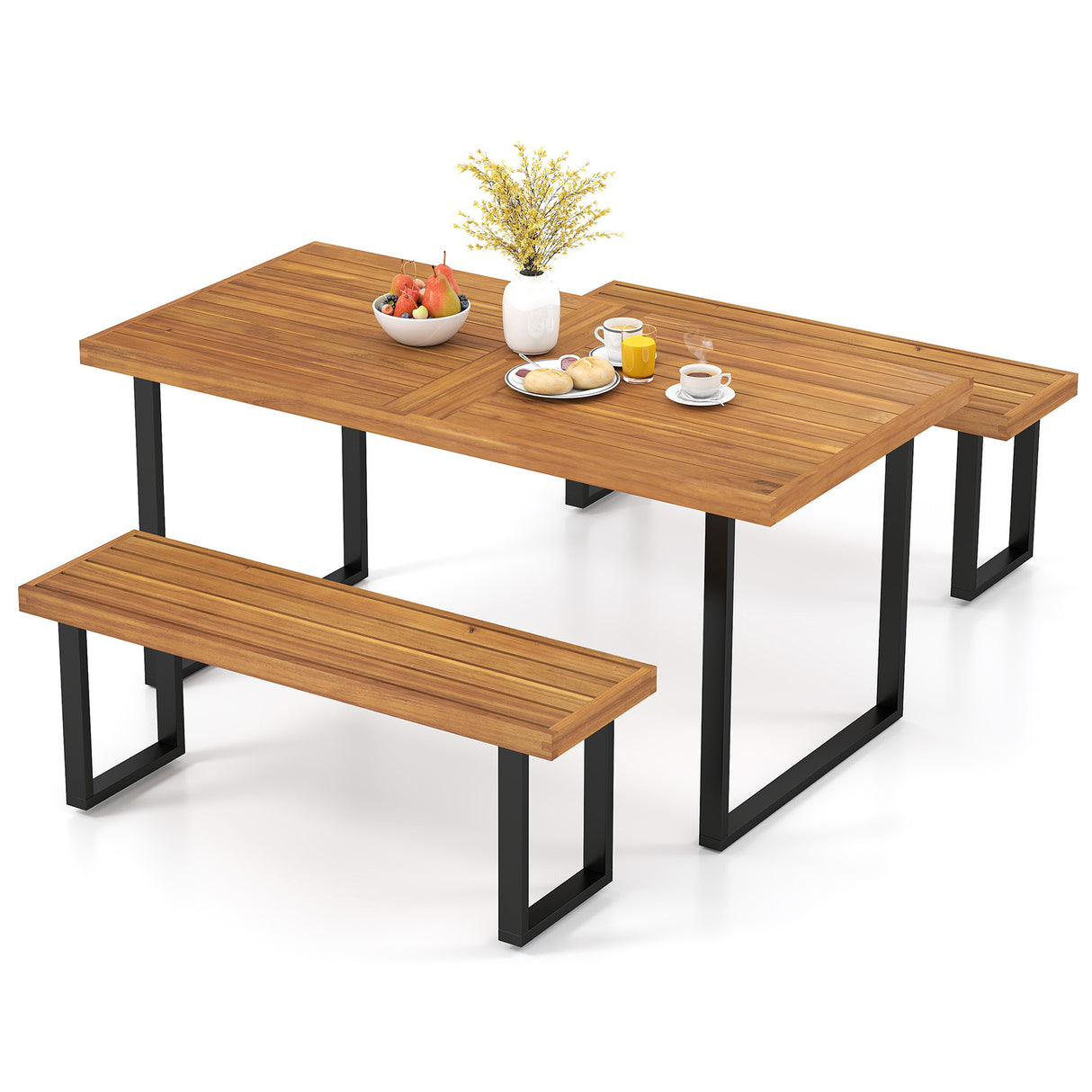 3 Pieces Patio Dining Table Set 63 Rectangle Table and 2 Backless Bench