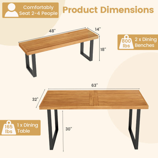 3 Pieces Patio Dining Table Set 63” Rectangle Table and 2 Backless Bench