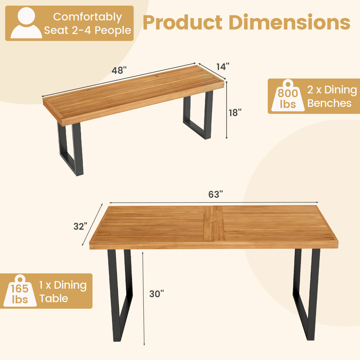 3 Pieces Patio Dining Table Set 63 Rectangle Table and 2 Backless Bench