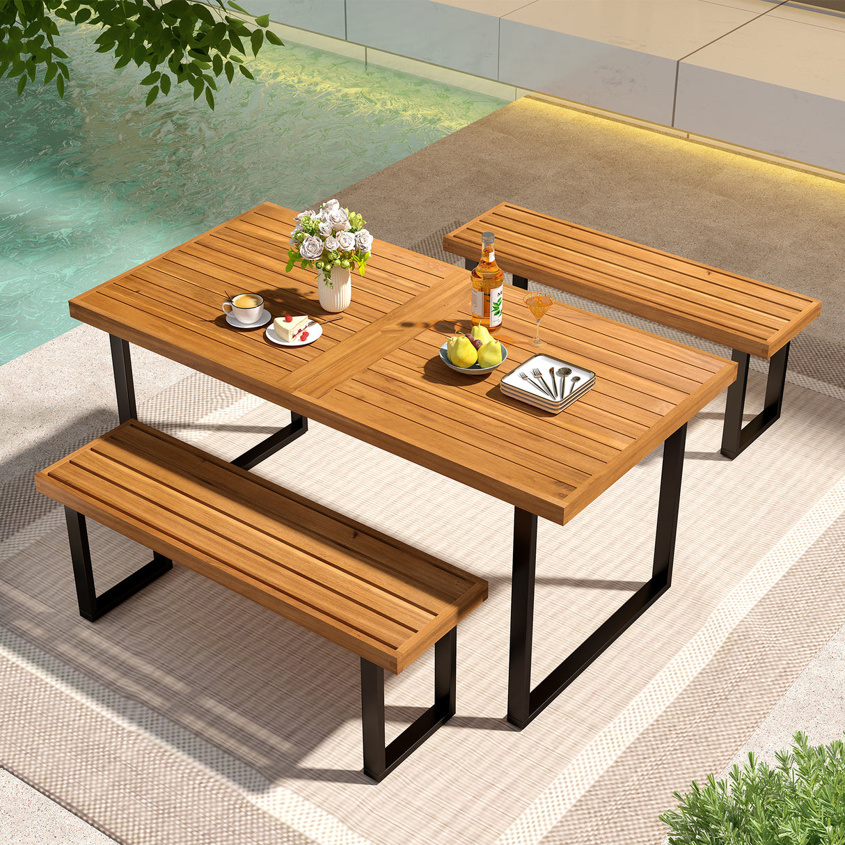 3 Pieces Patio Dining Table Set 63 Rectangle Table and 2 Backless Bench