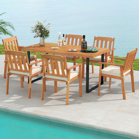 7 Pieces Patio Dining Table Set 63 Rectangle Table and 6 Acacia Wood Armchairs