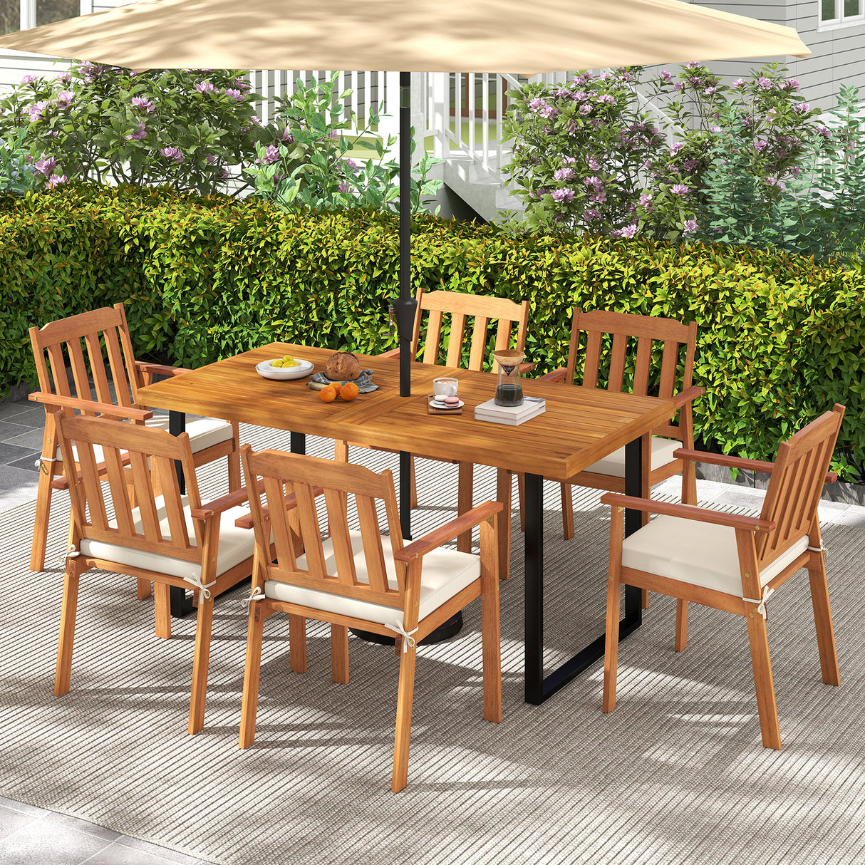 7 Pieces Patio Dining Table Set 63 Rectangle Table and 6 Acacia Wood Armchairs