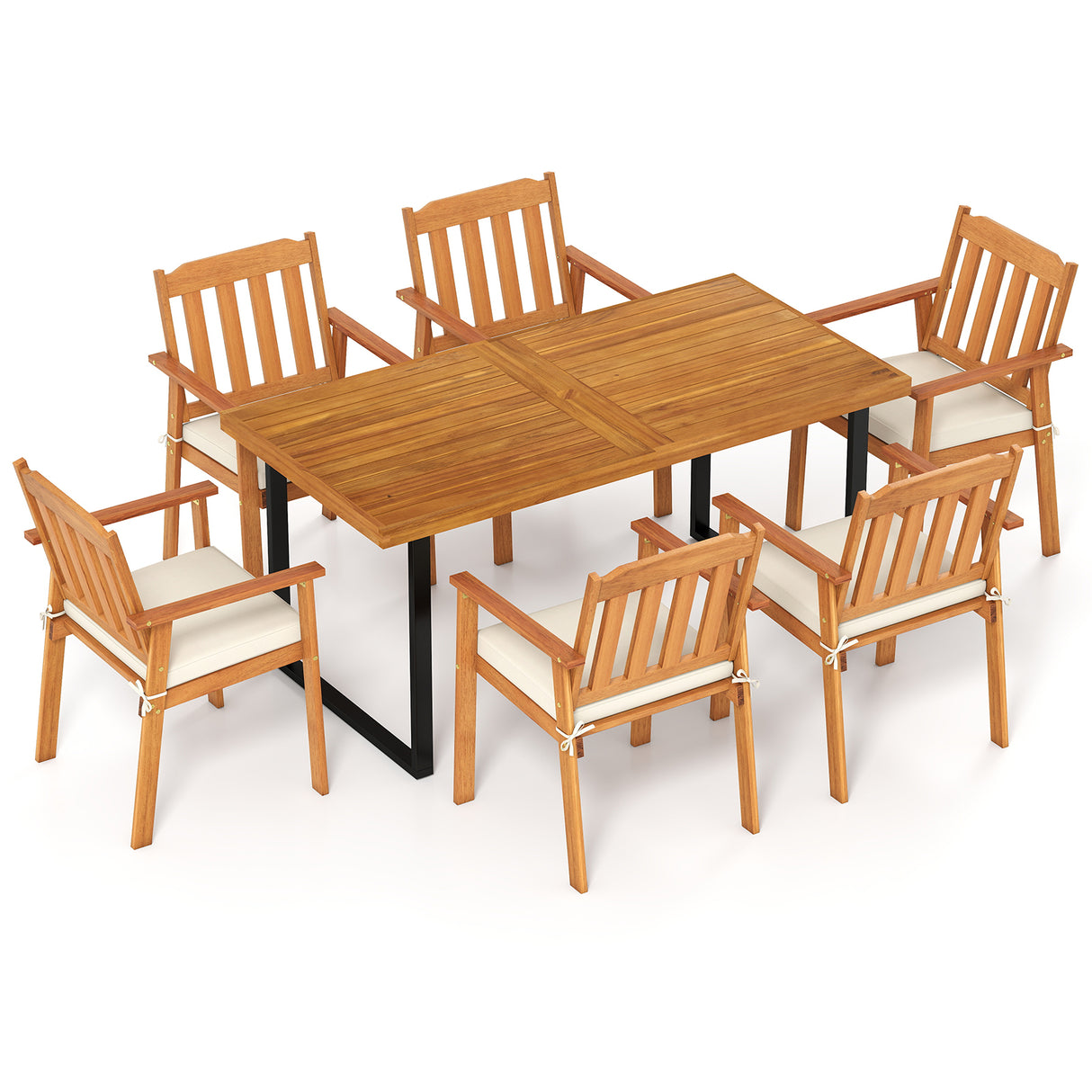 7 Pieces Patio Dining Table Set 63 Rectangle Table and 6 Acacia Wood Armchairs