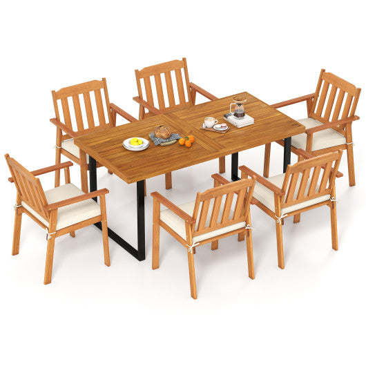 7 Pieces Patio Dining Table Set 63 Rectangle Table and 6 Acacia Wood Armchairs