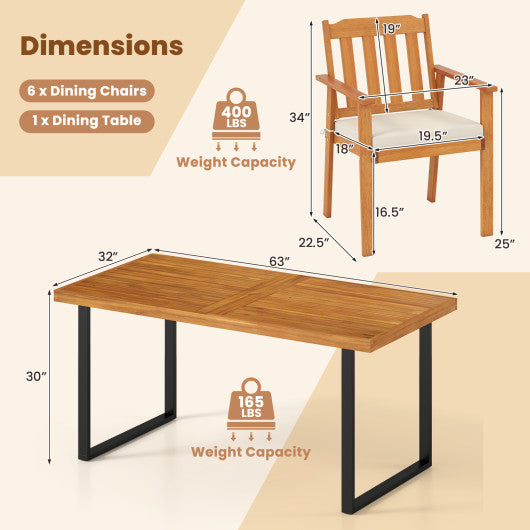 7 Pieces Patio Dining Table Set 63 Rectangle Table and 6 Acacia Wood Armchairs