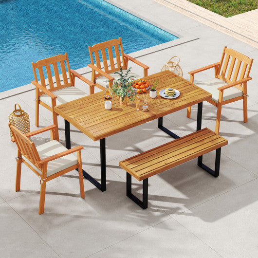 6 Pieces Patio Dining Table Set 63 Rectangle Table with 4 Acacia Wood Armchairs and Backless Bench