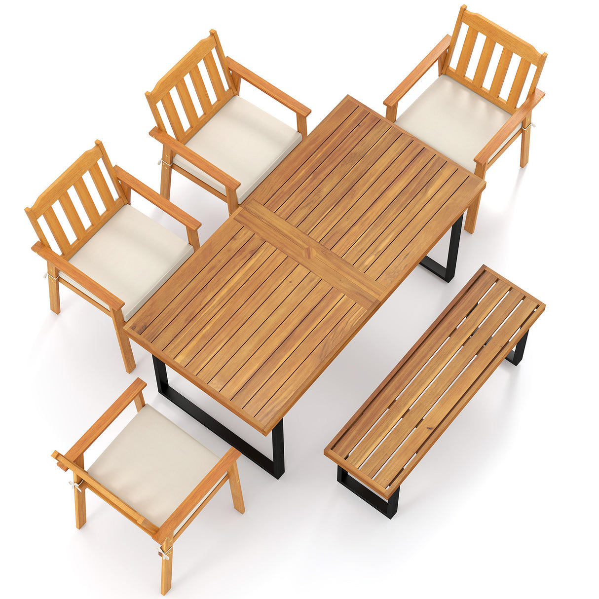 6 Pieces Patio Dining Table Set 63 Rectangle Table with 4 Acacia Wood Armchairs and Backless Bench