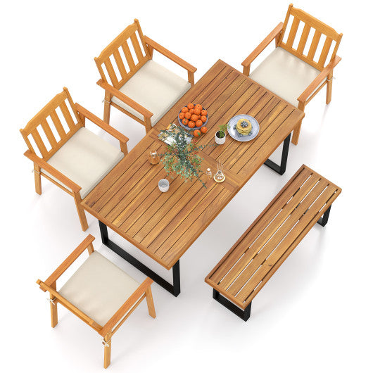 6 Pieces Patio Dining Table Set 63 Rectangle Table with 4 Acacia Wood Armchairs and Backless Bench