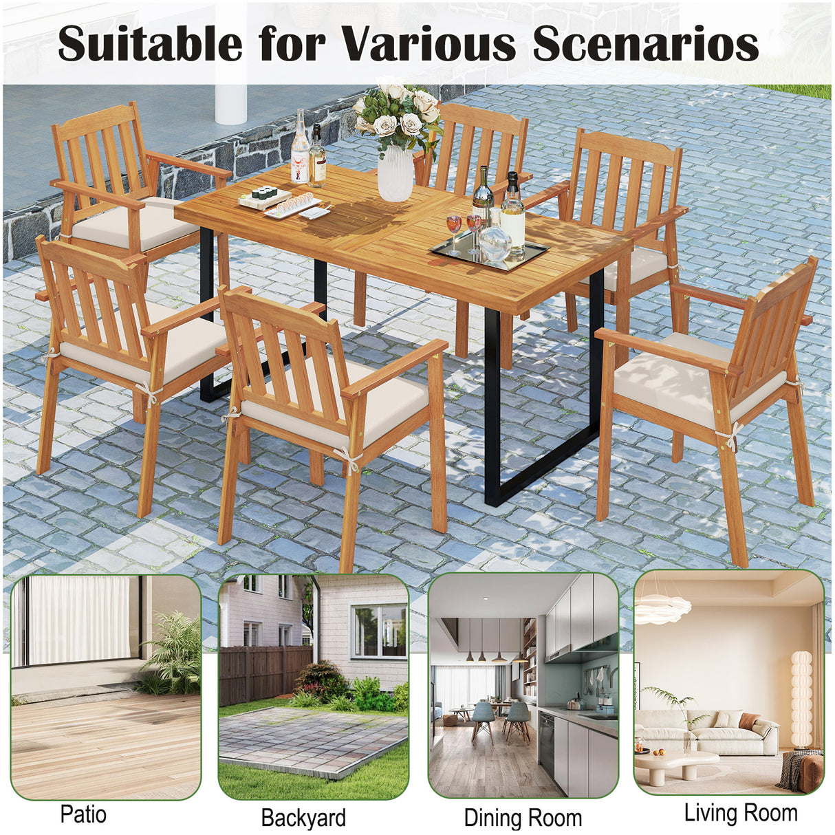 6 Pieces Patio Dining Table Set 63 Rectangle Table with 4 Acacia Wood Armchairs and Backless Bench