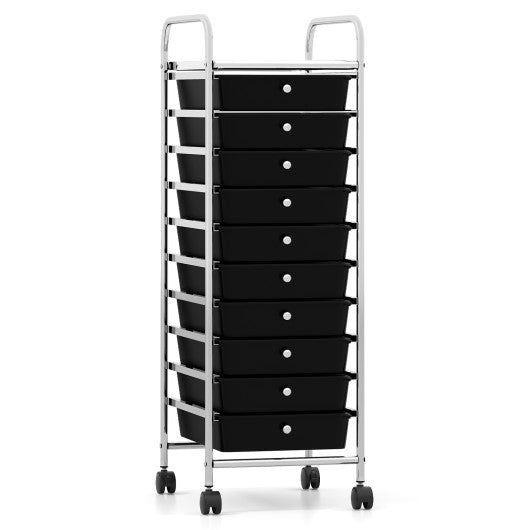 10-Drawer Rolling Storage Cart with Metal Frame and Lockable Universal Wheels-Black