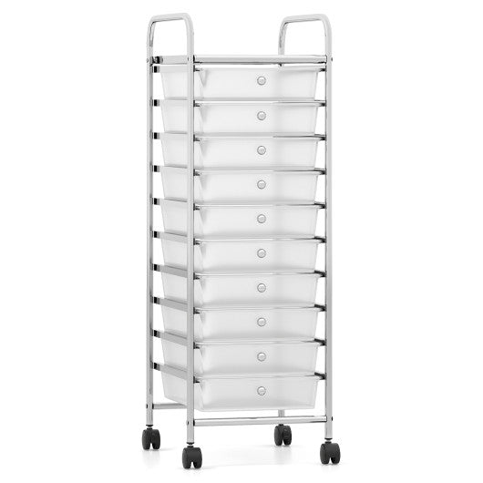 10-Drawer Rolling Storage Cart with Metal Frame and Lockable Universal Wheels-White