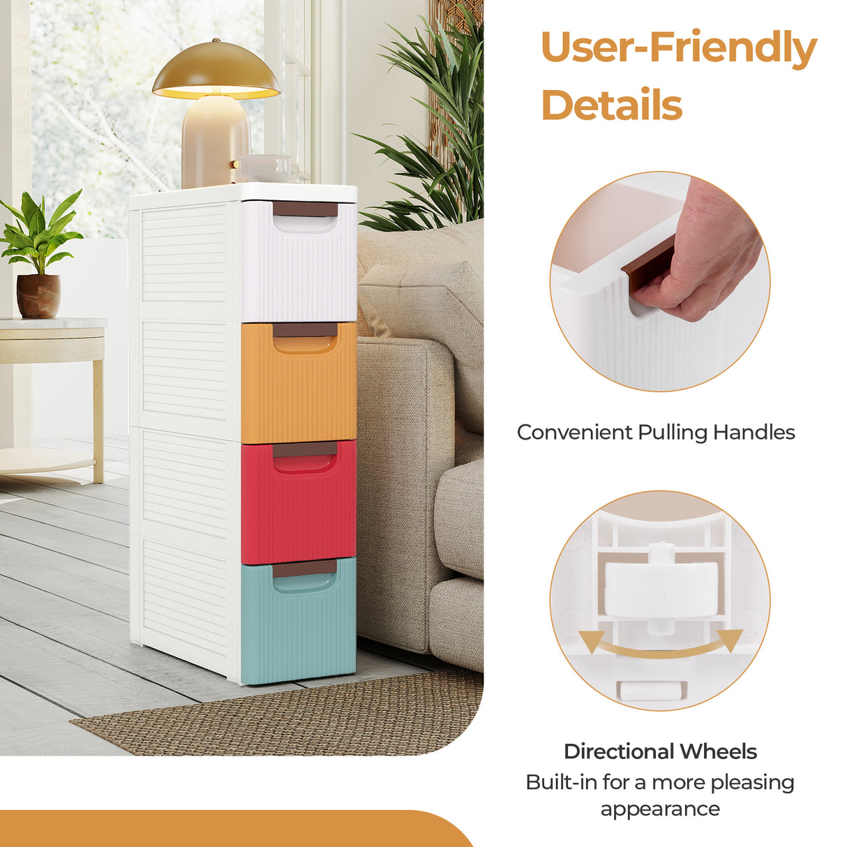 4-Drawer Rolling Organizer Unit Narrow Storage Cabinet with Built-In Wheels for Small Space-Colorful