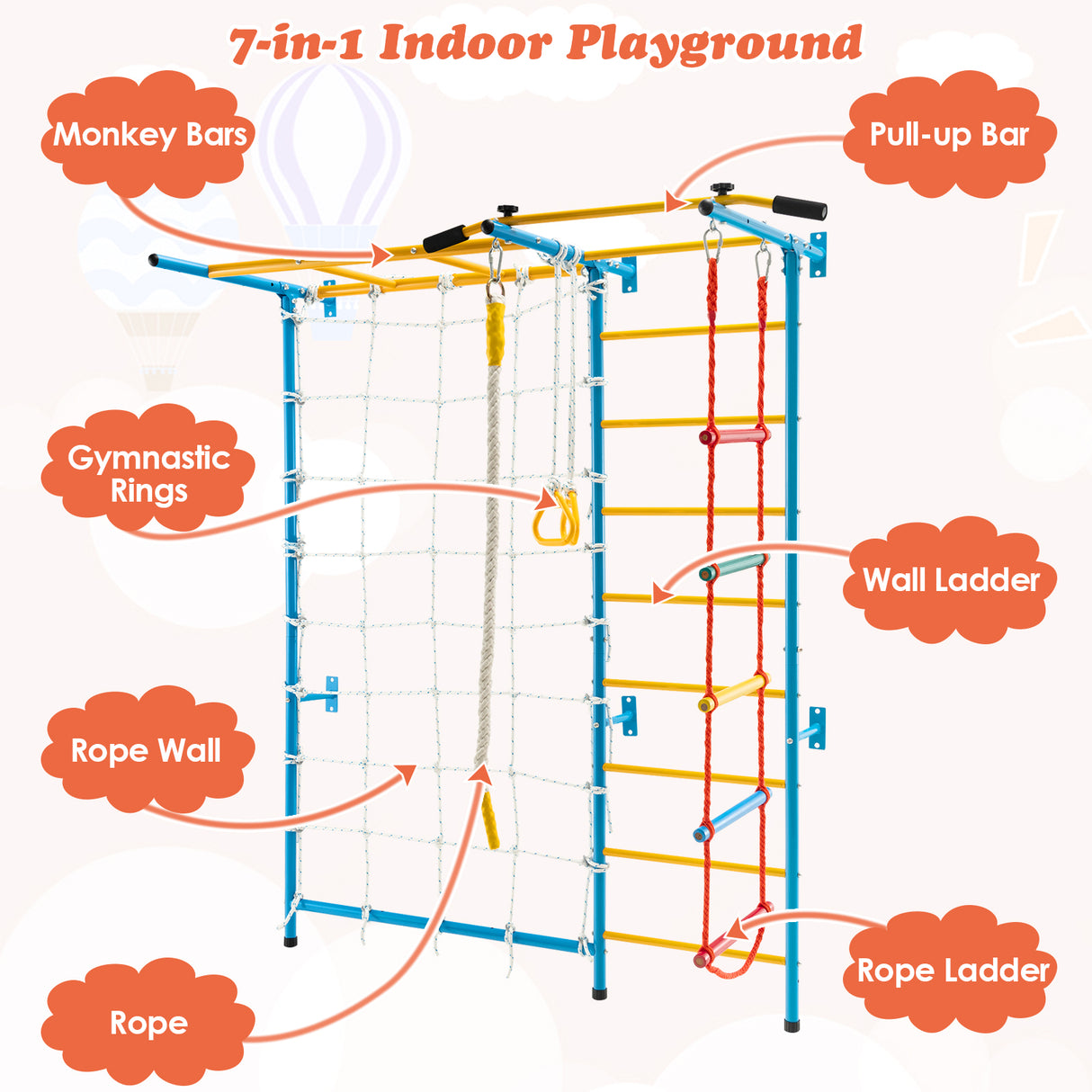 7-in-1 Swedish Ladder with Folding Gymnastics Mat for Solid Wall for Kids