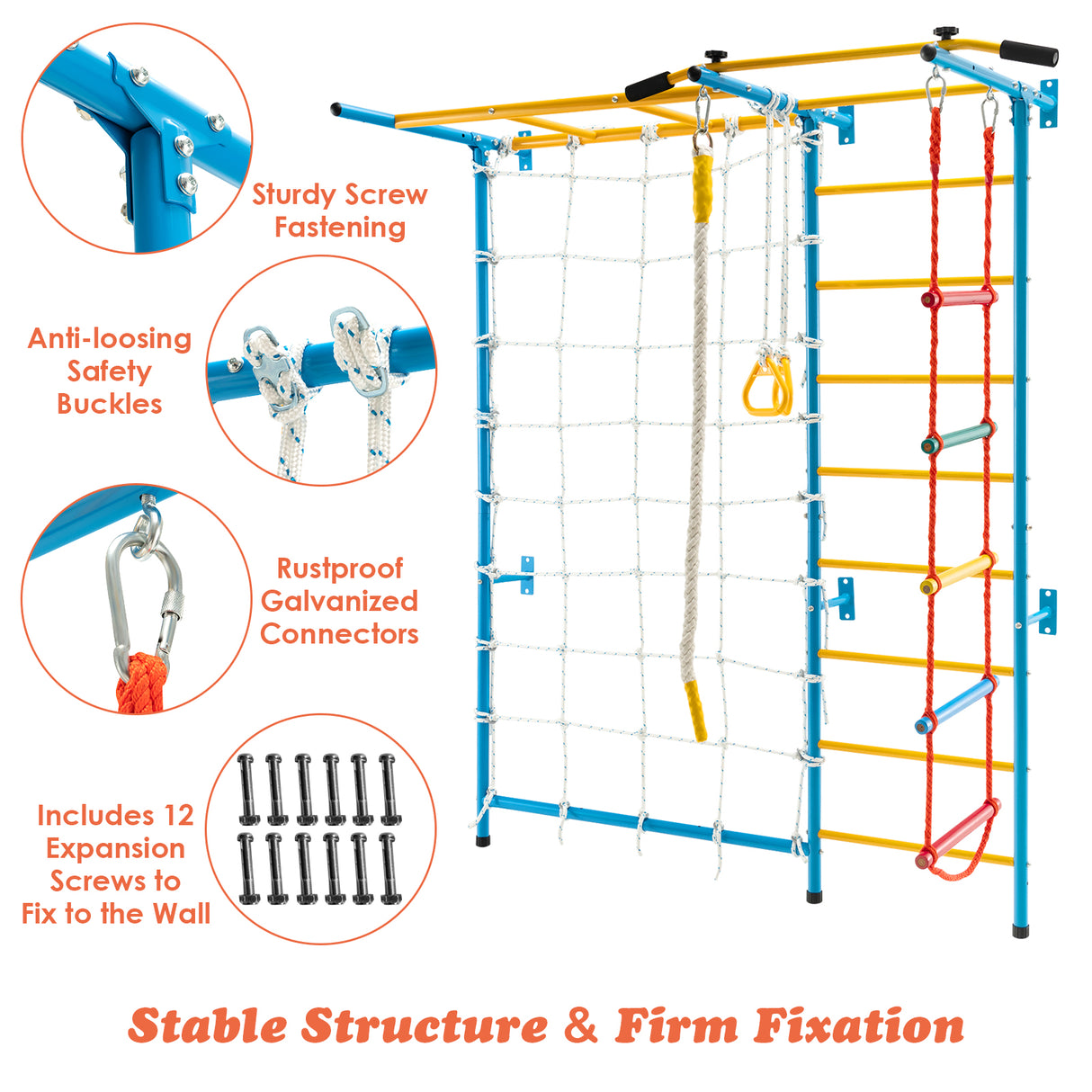 7-in-1 Swedish Ladder with Folding Gymnastics Mat for Solid Wall for Kids