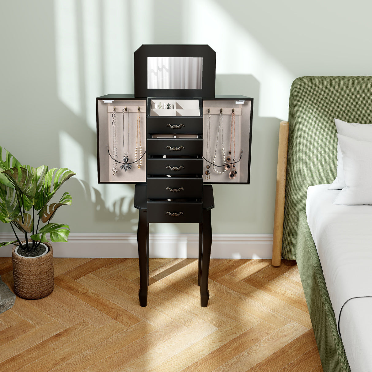 Standing Jewelry Box with 4 Drawers and 2 Side Doors-Black