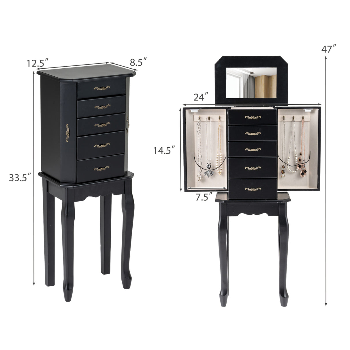 Standing Jewelry Box with 4 Drawers and 2 Side Doors-Black