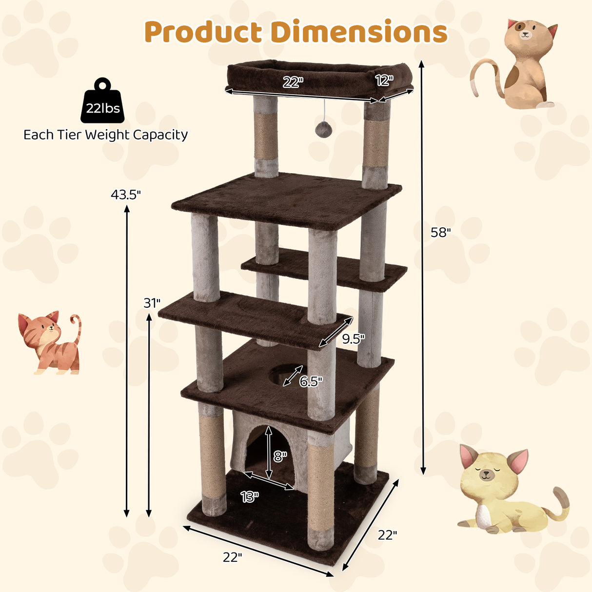 58 Inch Large Multi-level Cat Tree with Swaying Aerial Condo and Plush Perch Bed-Brown