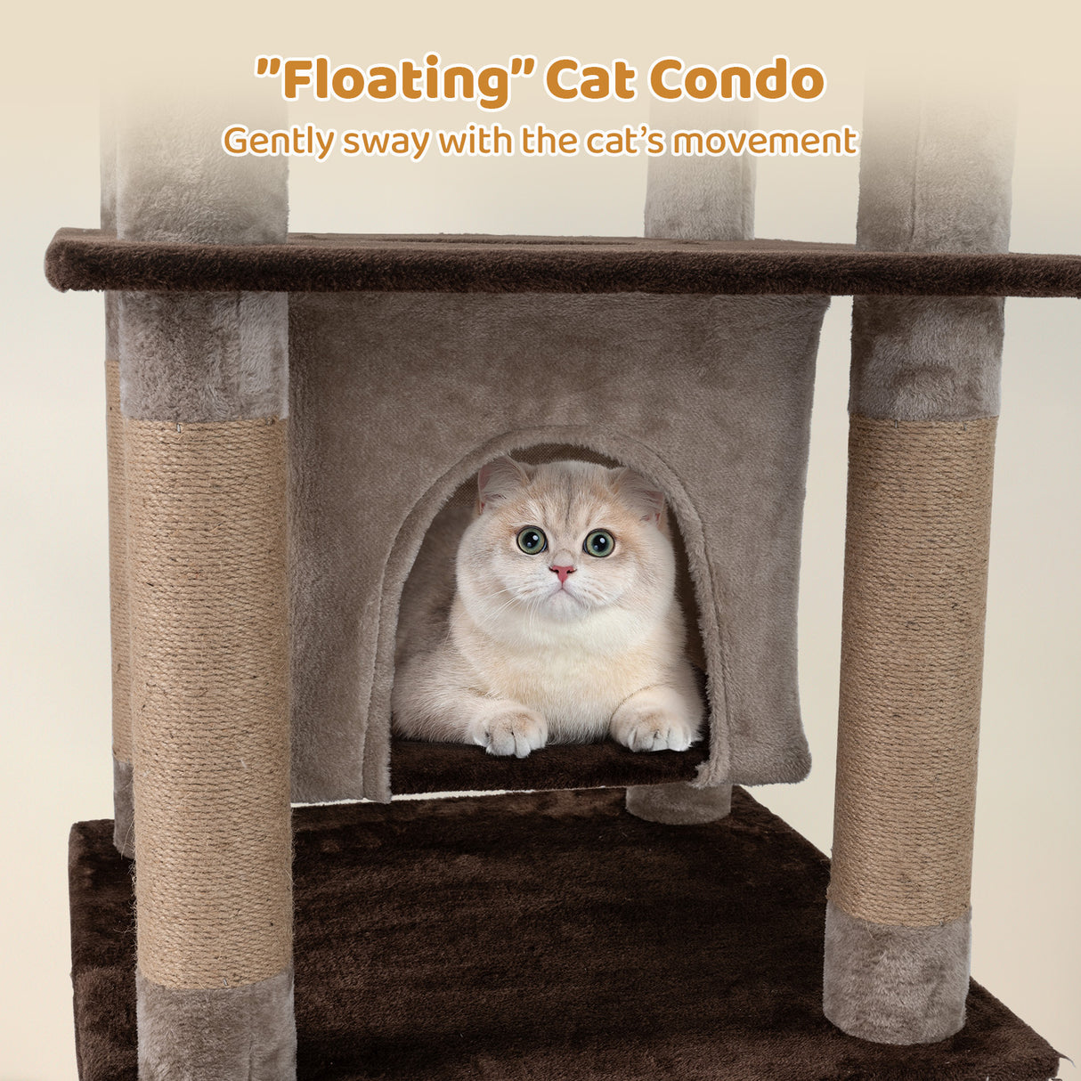 58 Inch Large Multi-level Cat Tree with Swaying Aerial Condo and Plush Perch Bed-Brown