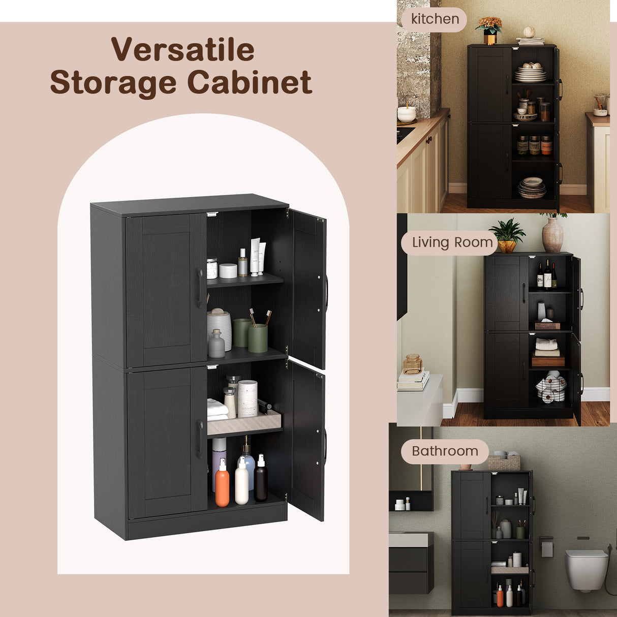 Bathroom Cabinet 43.5 inch Storage Cabinet with Doors and Adjustable Shelves-Black