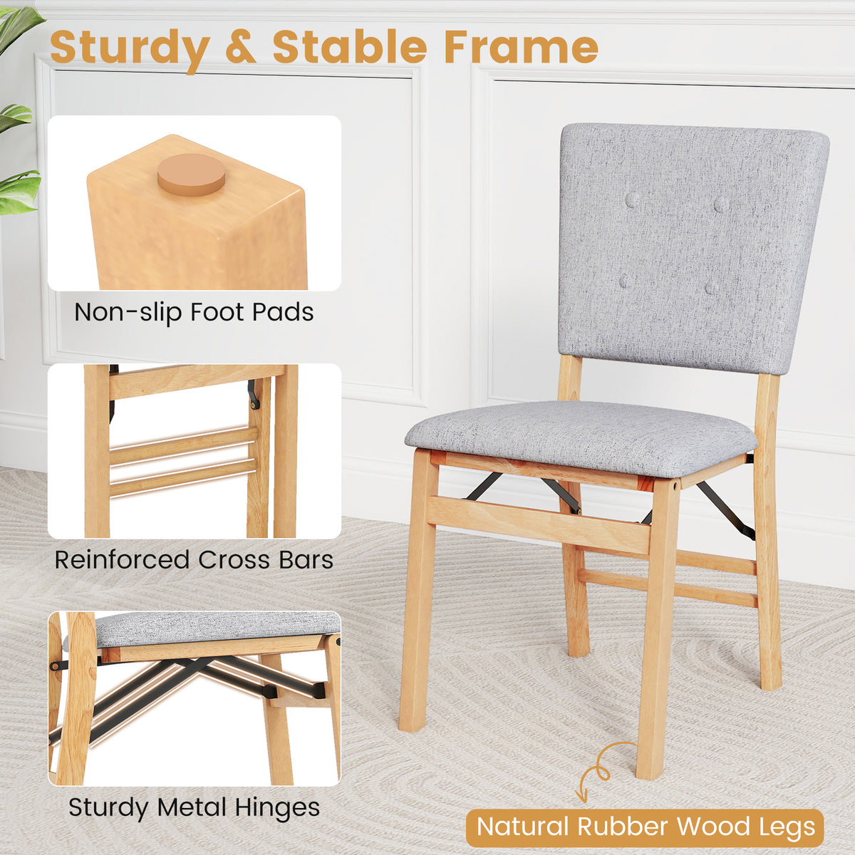 Foldable Dining Chair Set of 4 Armless Kitchen Chair with Padded Seat and Tilt Backrest-Gray