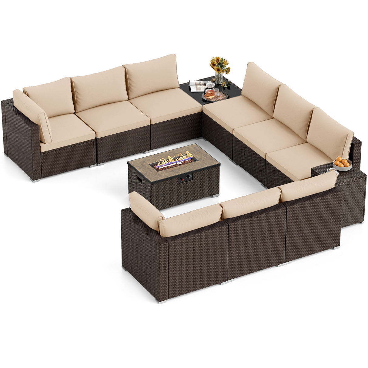 Outdoor PE Rattan Conversation Set with 32” Propane Fire Pit Table and Tank Holder-Beige