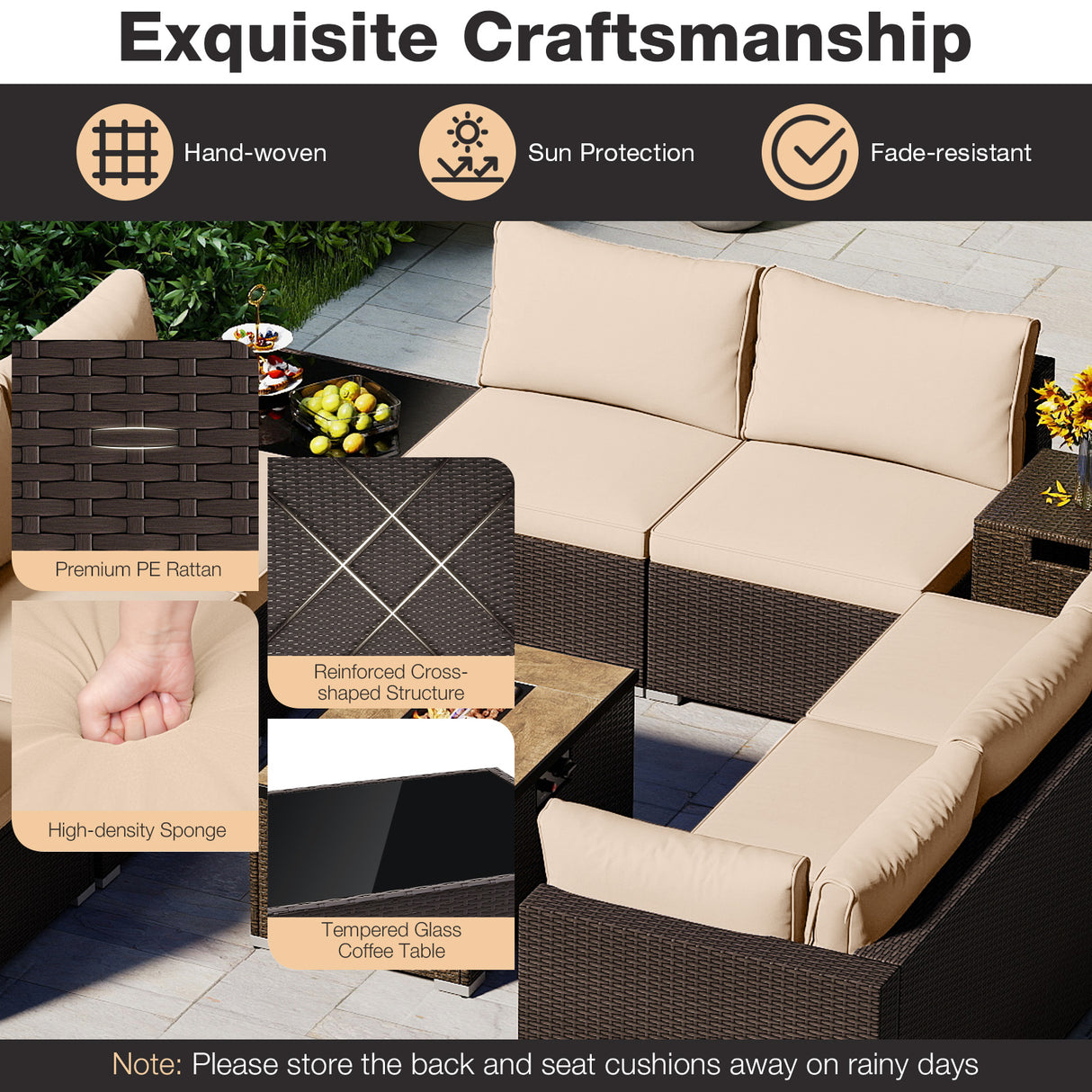 Outdoor PE Rattan Conversation Set with 32” Propane Fire Pit Table and Tank Holder-Beige
