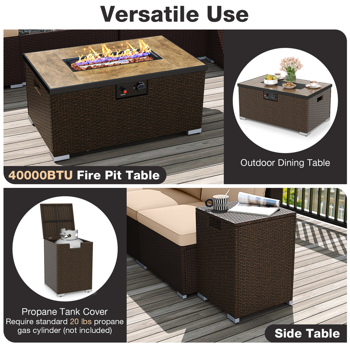 Outdoor PE Rattan Conversation Set with 32” Propane Fire Pit Table and Tank Holder-Beige