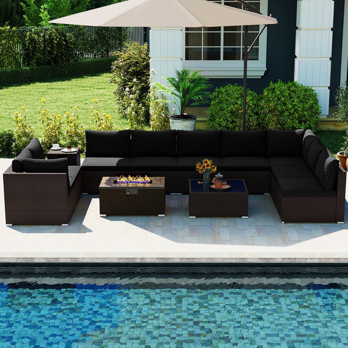 Outdoor PE Rattan Conversation Set with 32” Propane Fire Pit Table and Tank Holder-Black