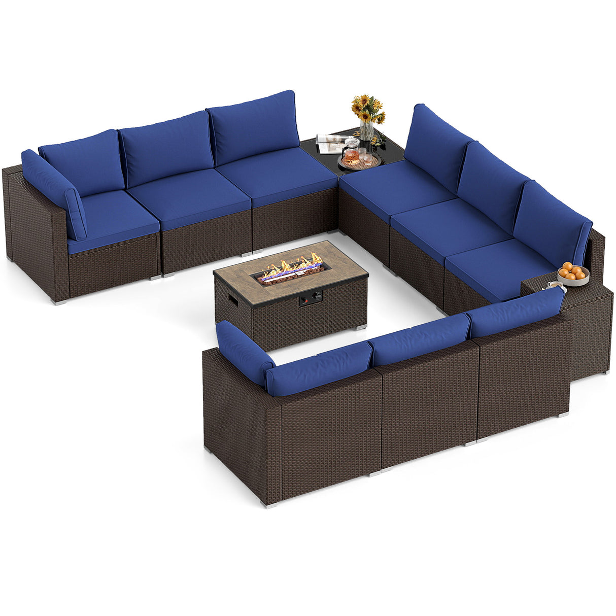 Outdoor PE Rattan Conversation Set with 32” Propane Fire Pit Table and Tank Holder-Navy