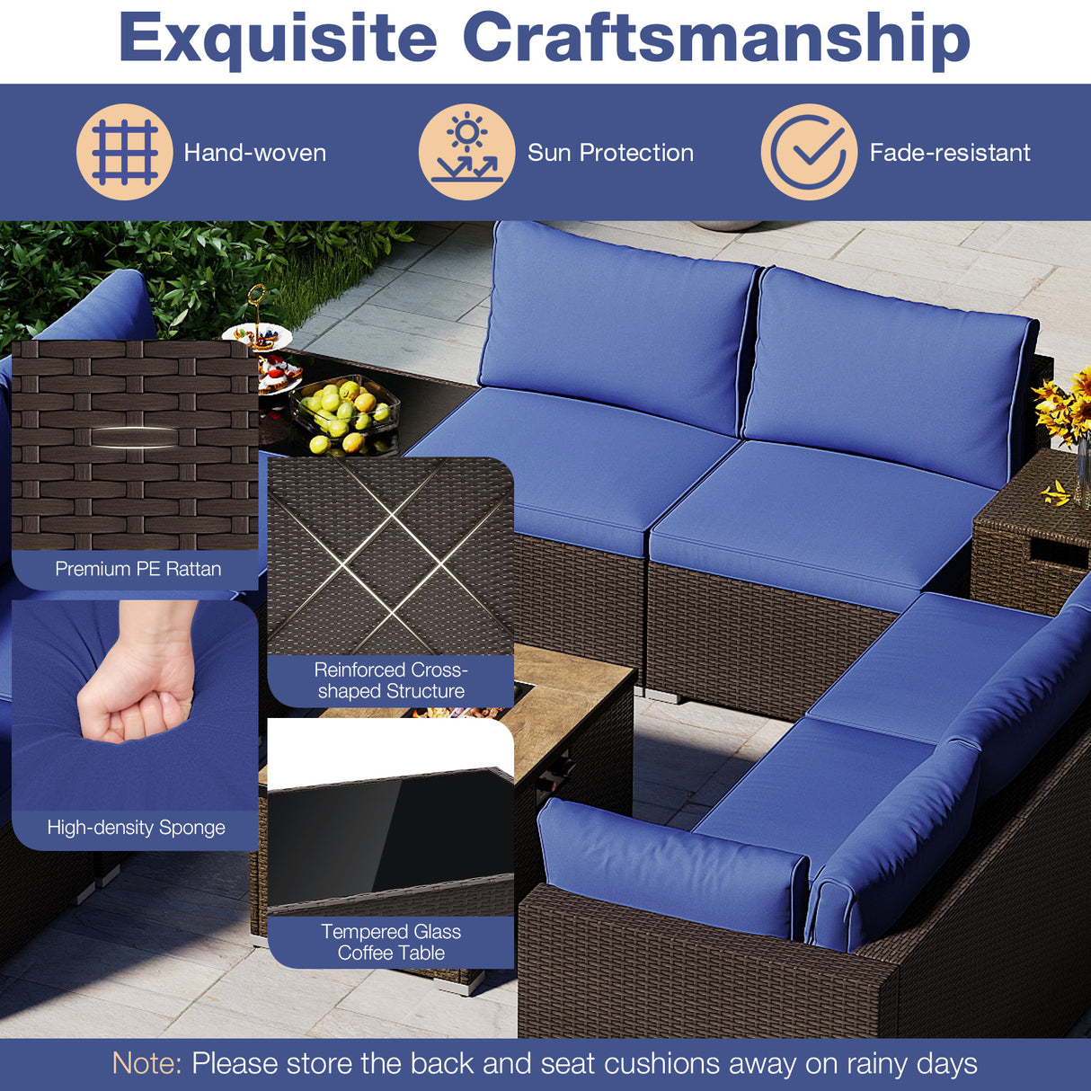 Outdoor PE Rattan Conversation Set with 32” Propane Fire Pit Table and Tank Holder-Navy