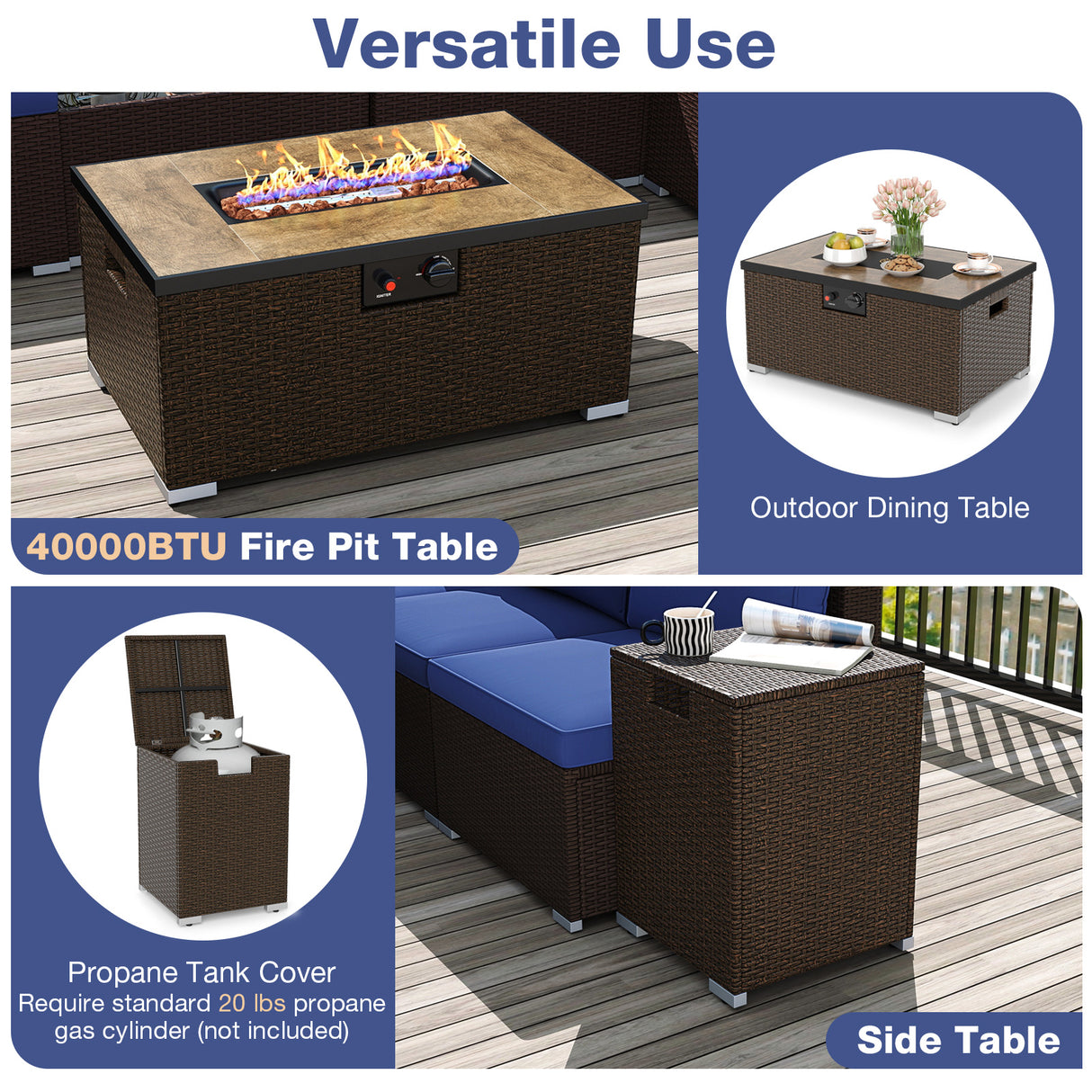 Outdoor PE Rattan Conversation Set with 32” Propane Fire Pit Table and Tank Holder-Navy