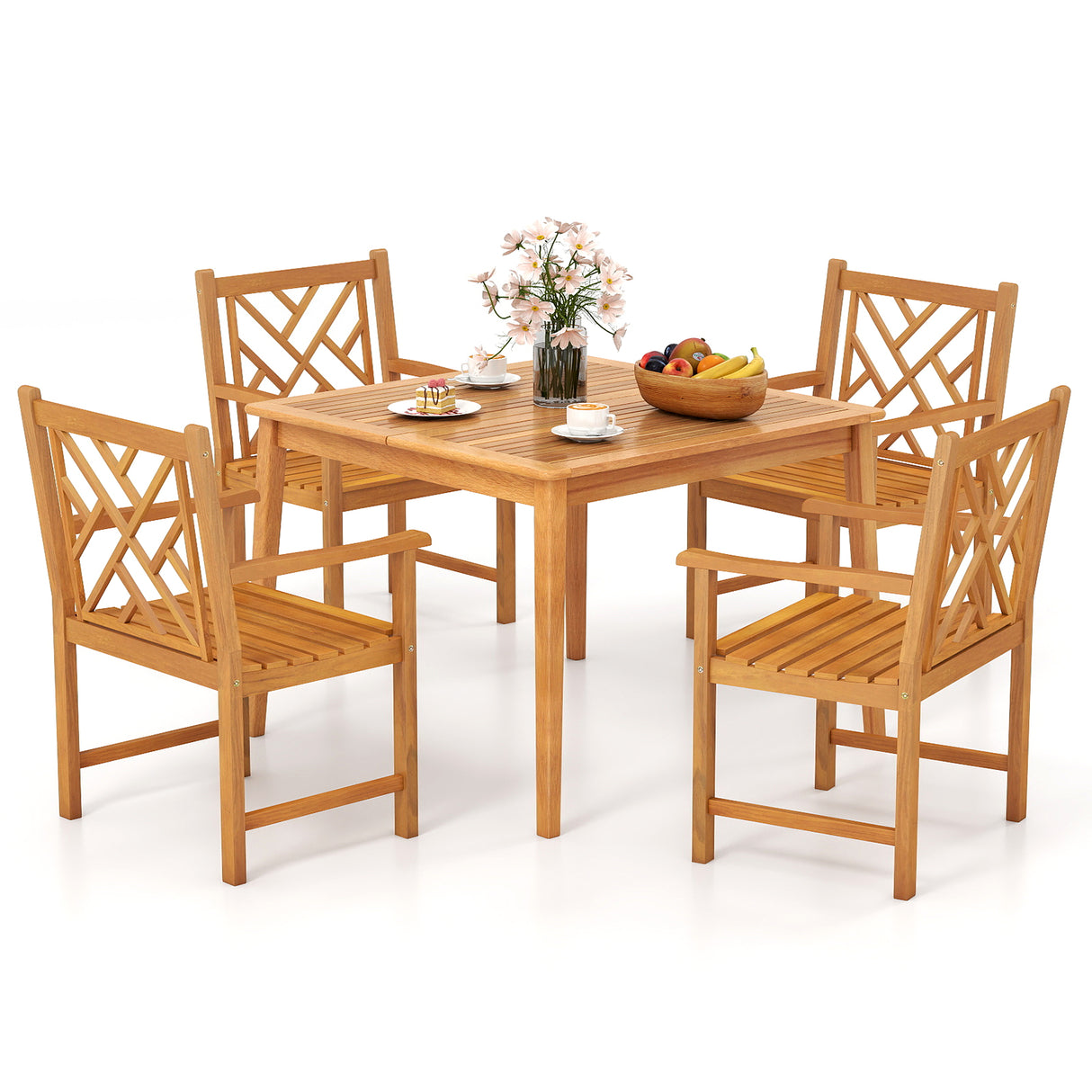 5-Pieces Patio Dining Table Set Wood Square Dining Table with 4 Chairs and Slatted Tabletop