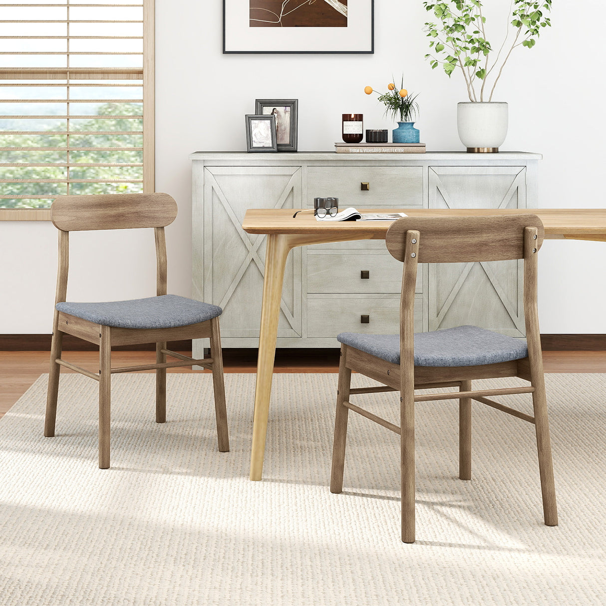 Fabric Upholstered Kitchen Armless Dining Chairs with Rubber Wood Frame Set of 2-Oak