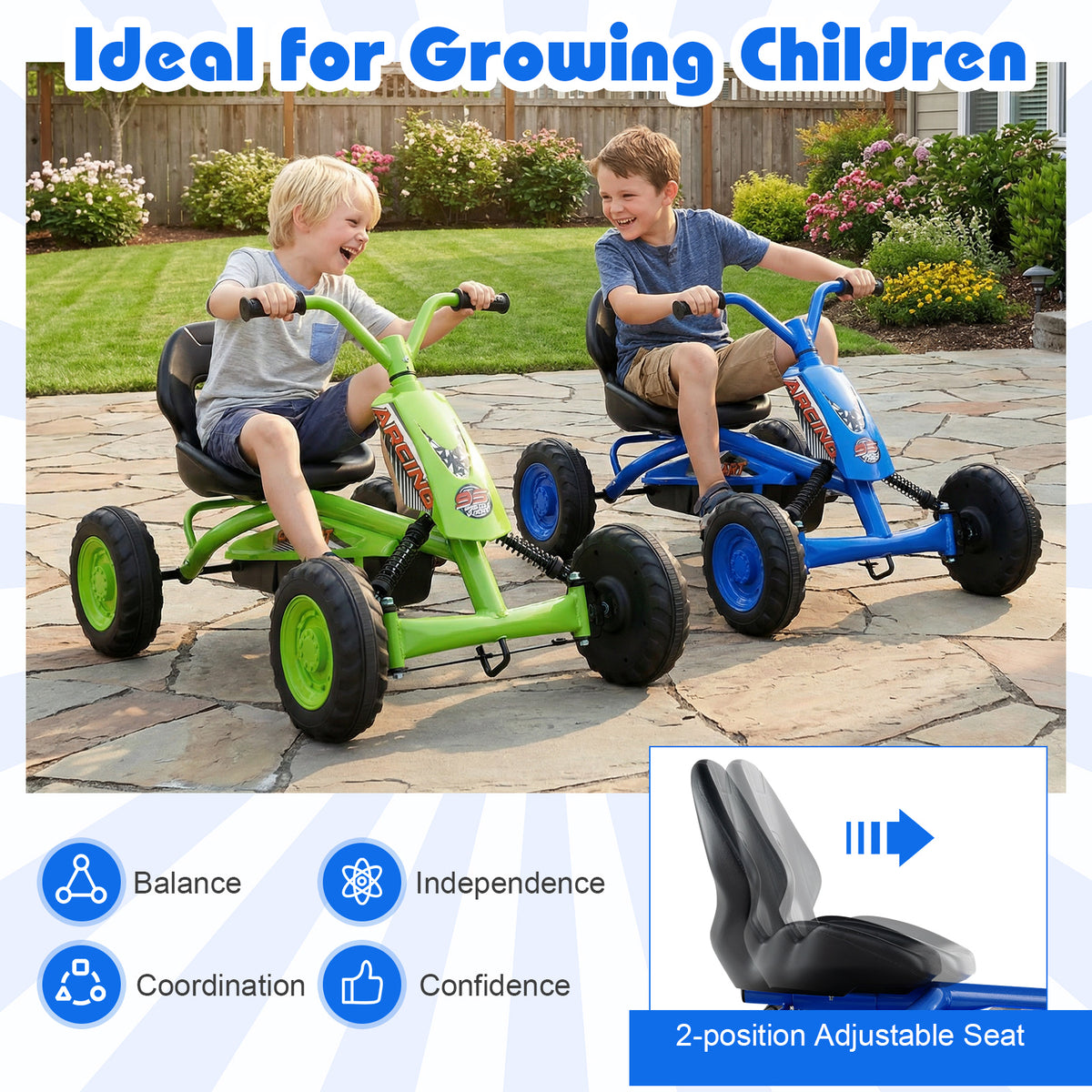 Go Kart for Kids 4 Wheel with Steering Handlebars and Adjustable Seat-Navy