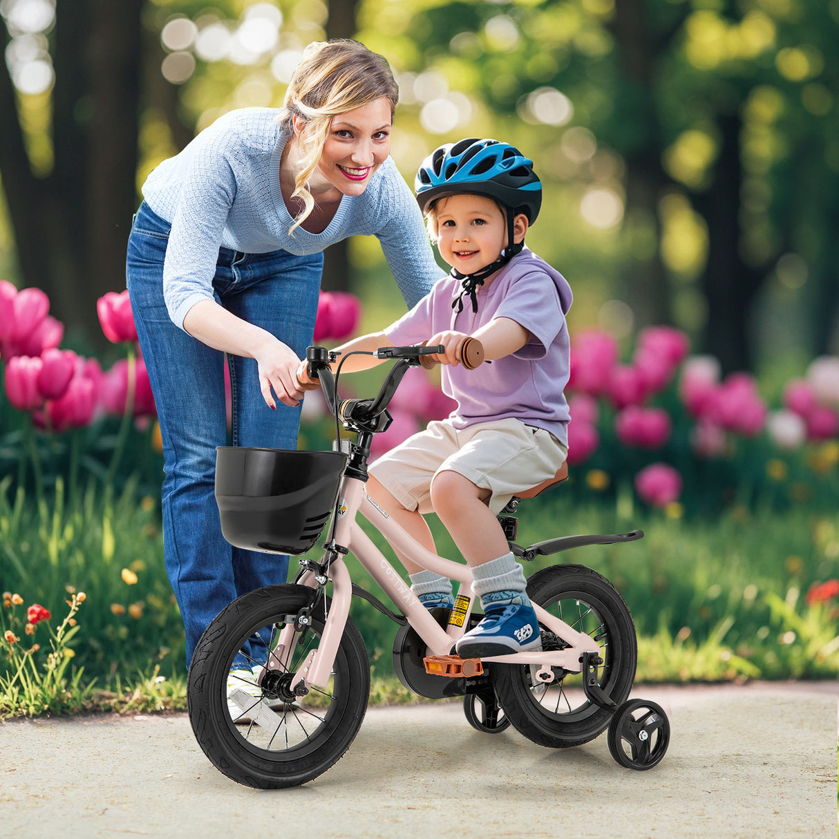 12 Inch Kids Bike with Helmet Protective Set Black & Pink