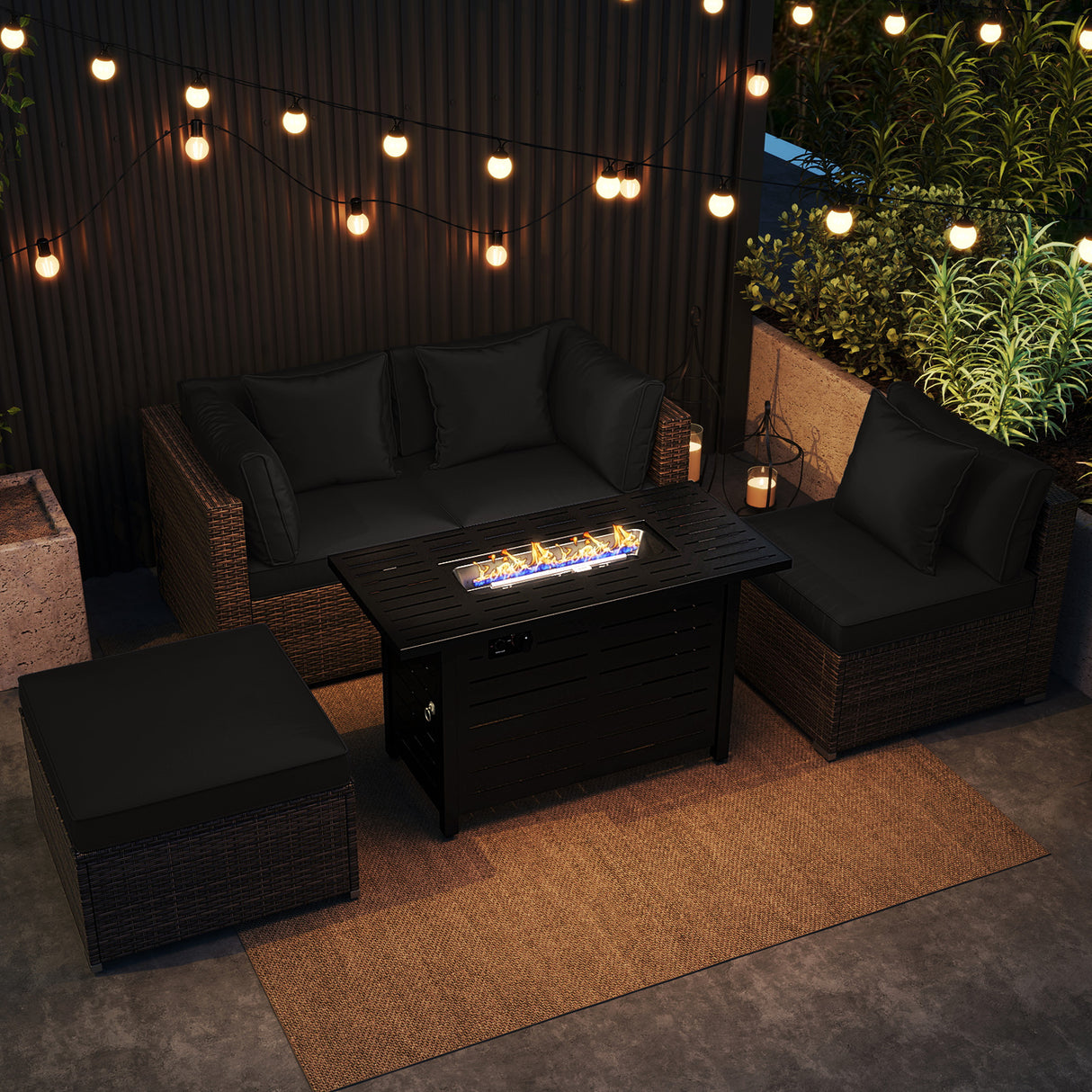 Heavy-duty Frame Rattan Sofa Set with 60000 BTU Firepit Table-Black