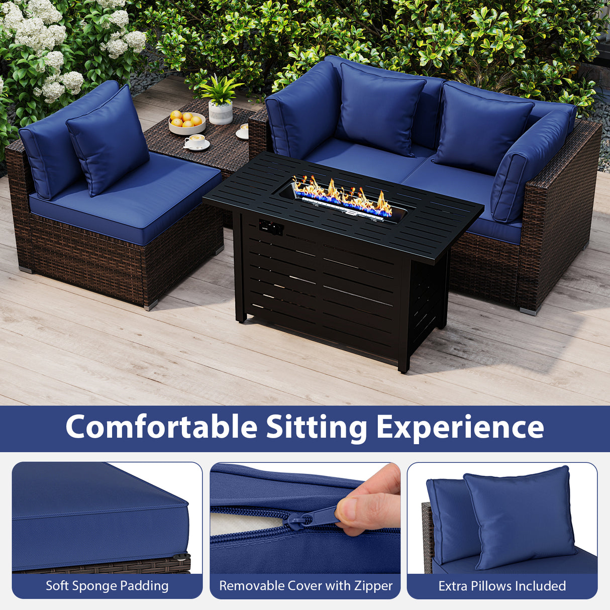 Heavy-duty Frame Rattan Sofa Set with 60000 BTU Firepit Table-Navy