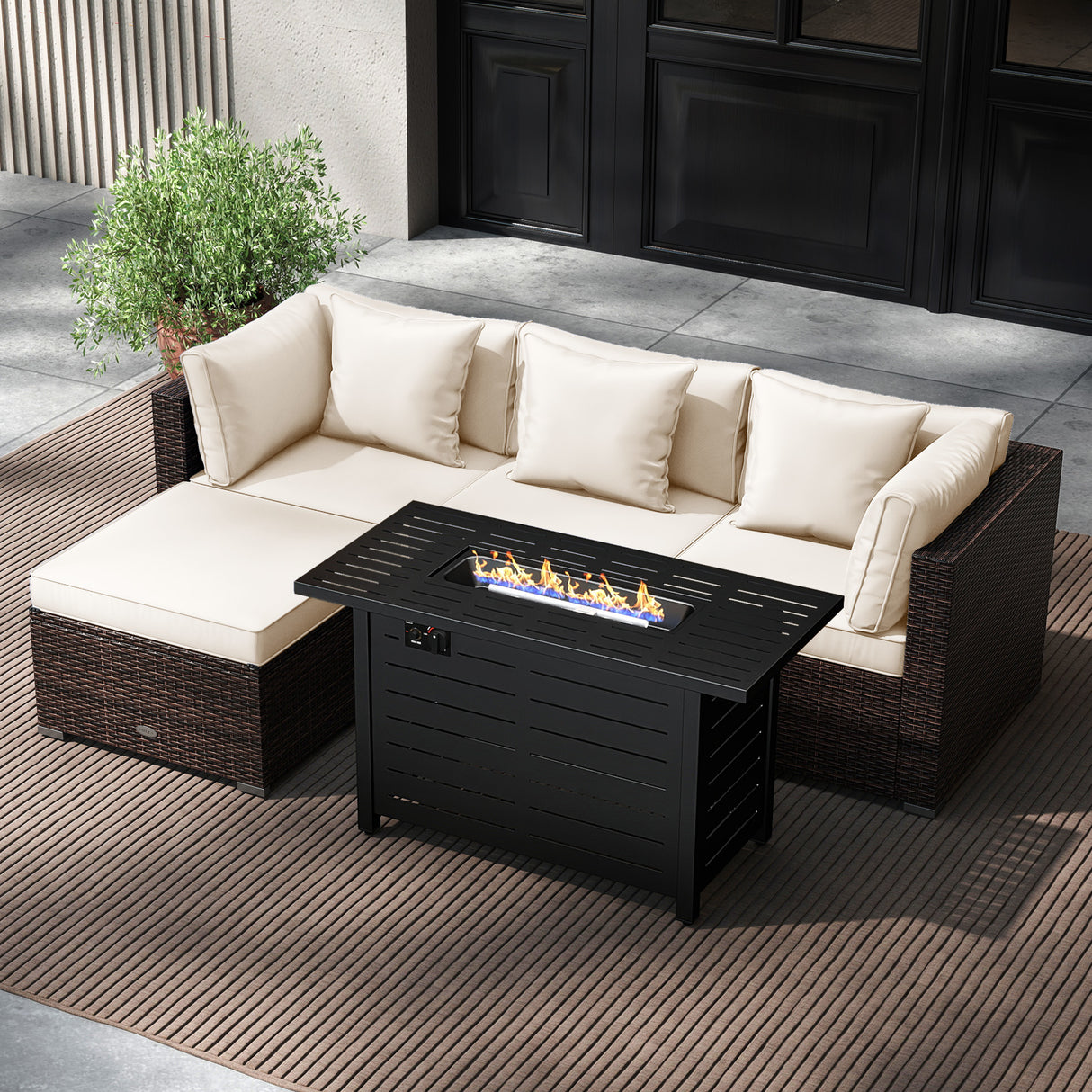 Heavy-duty Frame Rattan Sofa Set with 60000 BTU Firepit Table-Off White