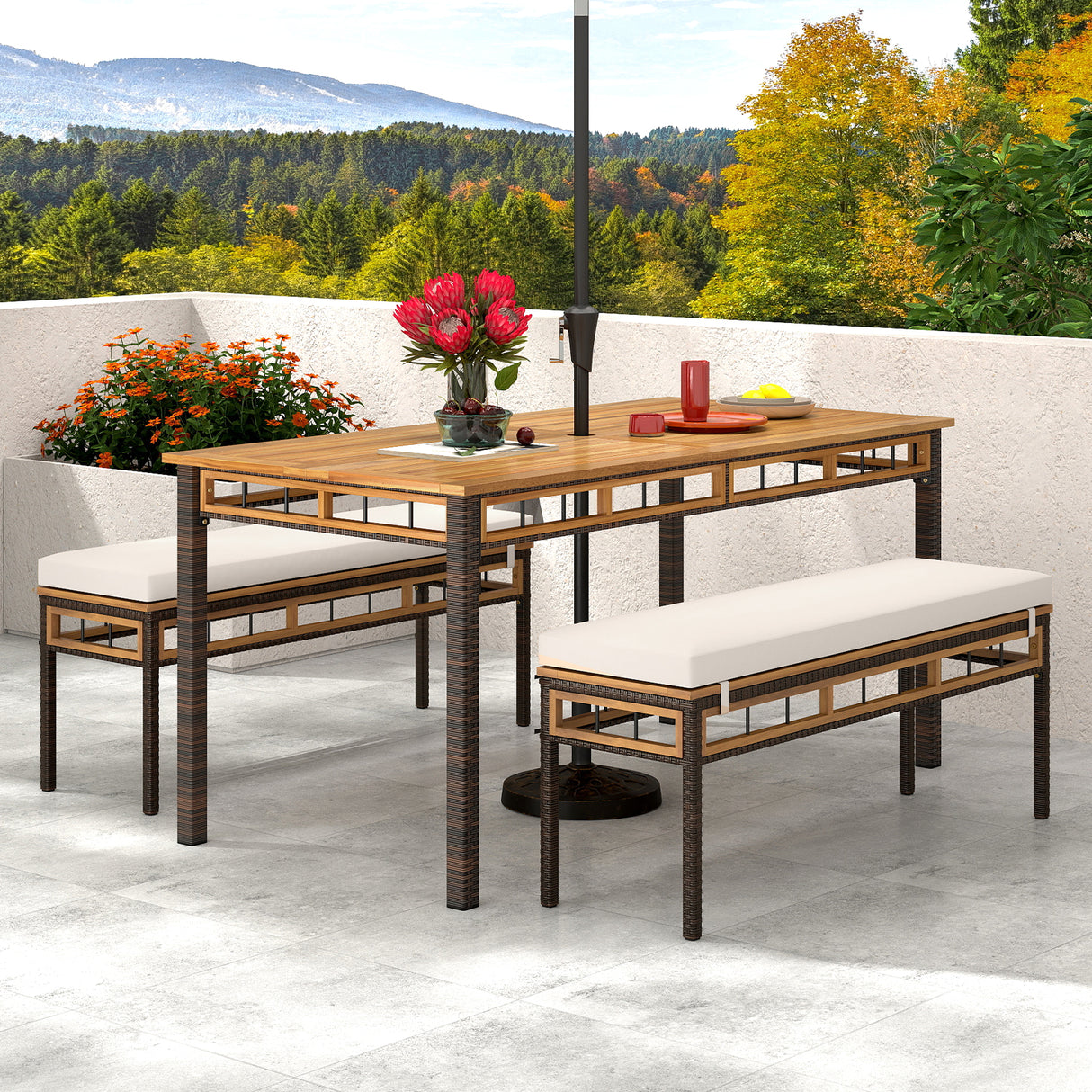 3 Pieces Acacia Wood Patio Dining Set for Deck and Backyard