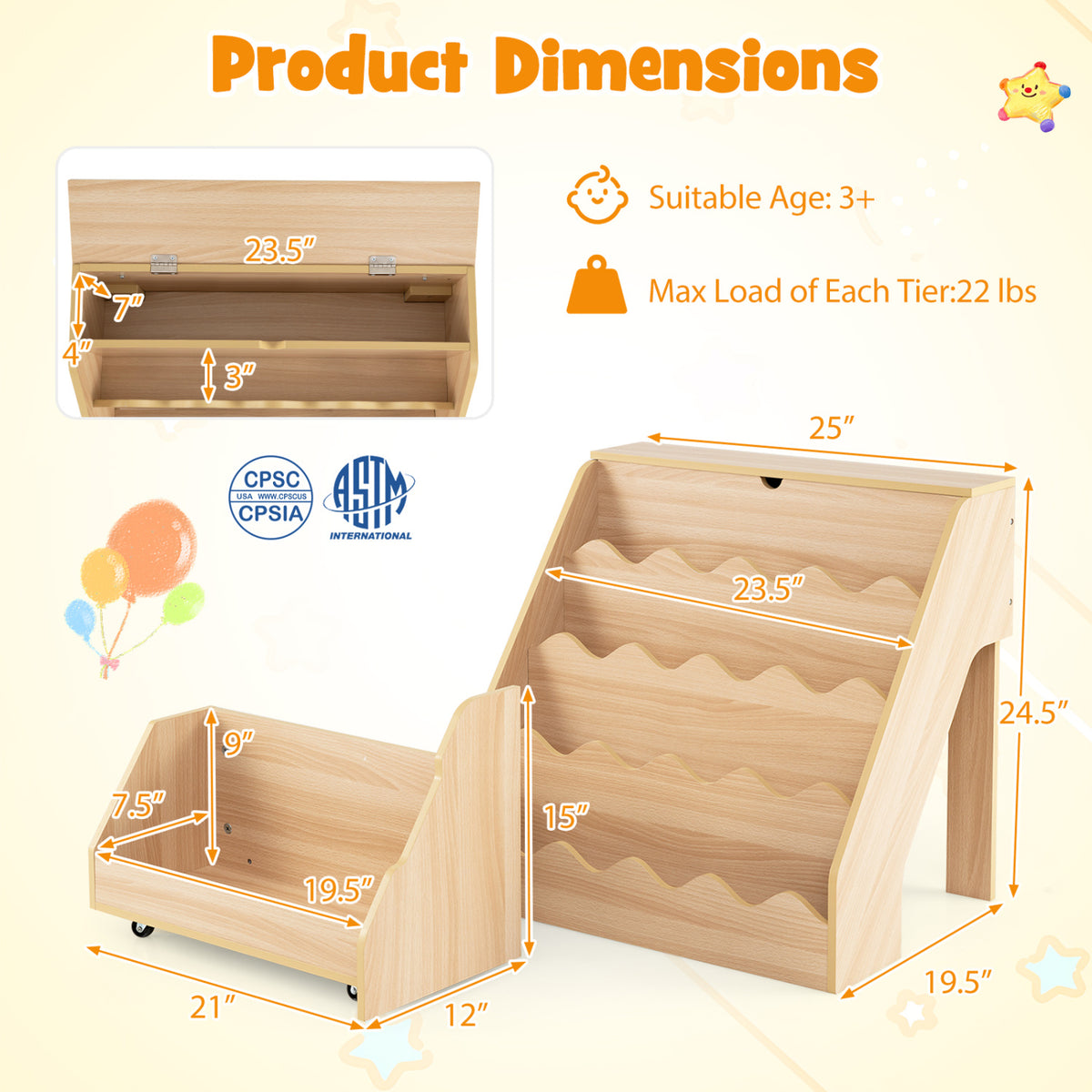2-In-1 Kids Bookshelf & Toy Storage Organizer-Natural