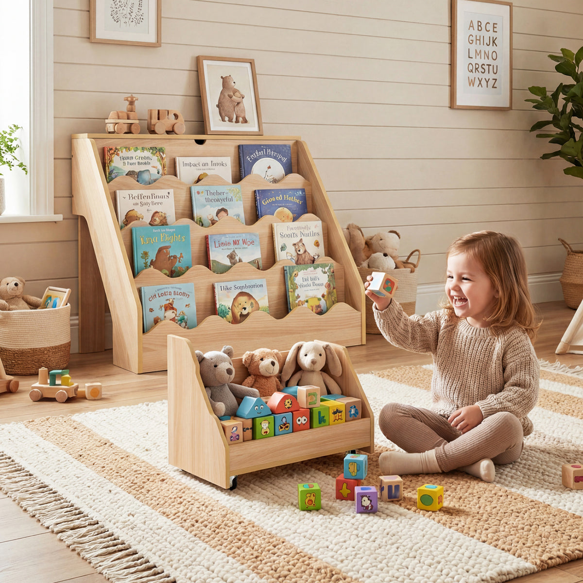 2-In-1 Kids Bookshelf & Toy Storage Organizer-Natural