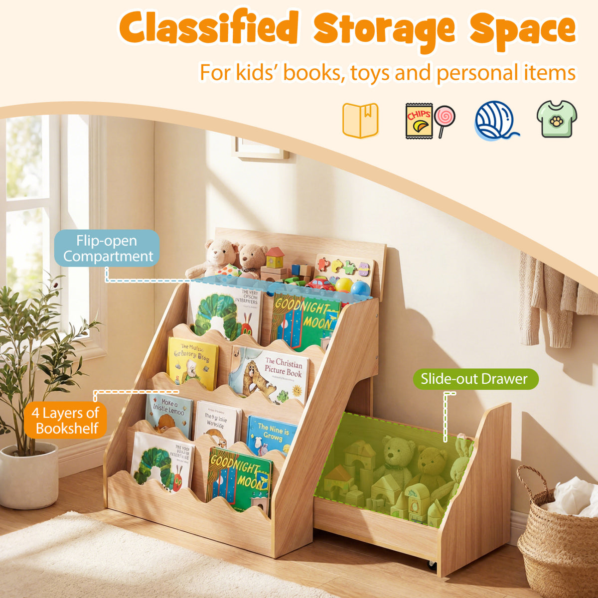 2-In-1 Kids Bookshelf & Toy Storage Organizer-Natural