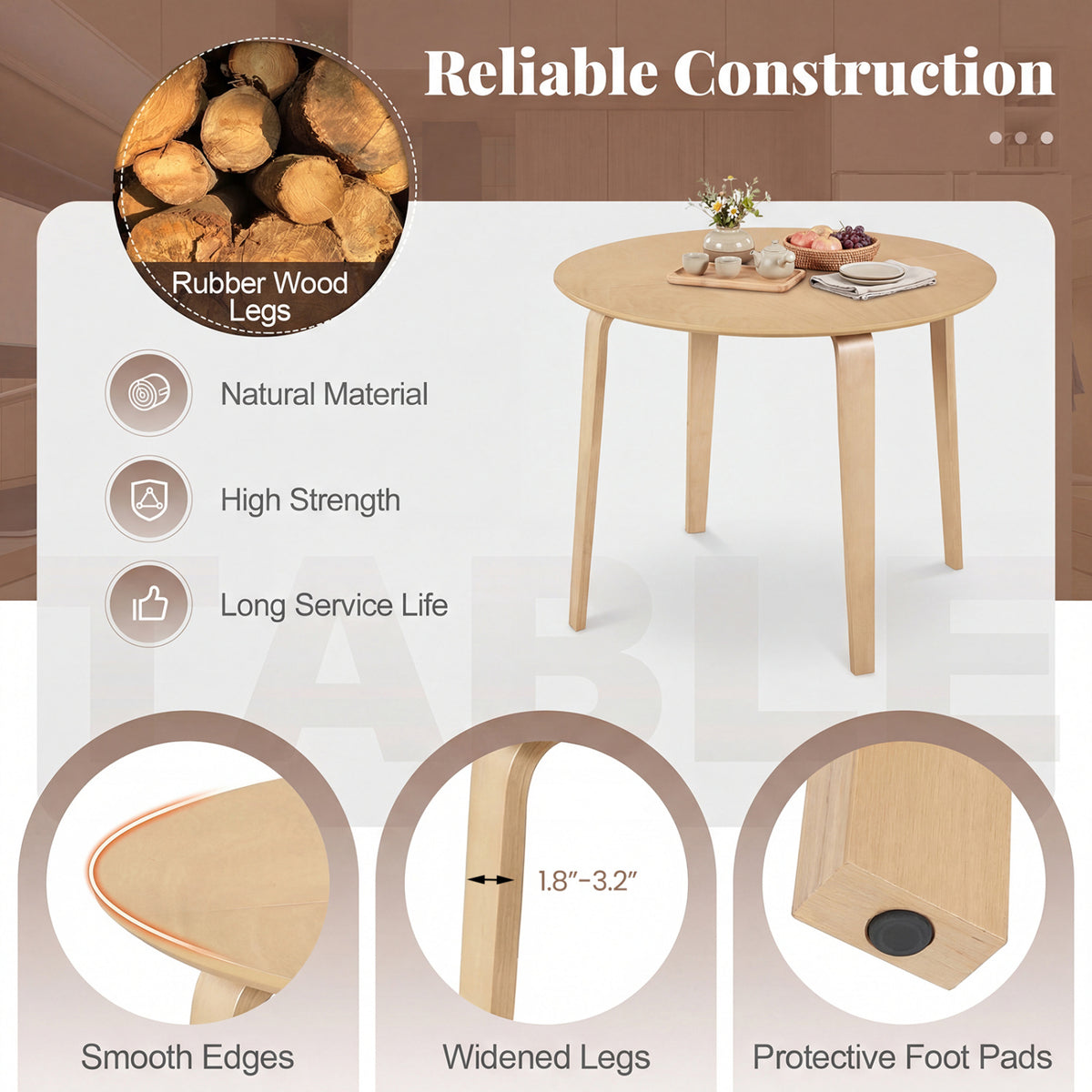 5 Piece Dining Table Set with 4 Padded Dining Chairs and Rubber Wood Table-Natural