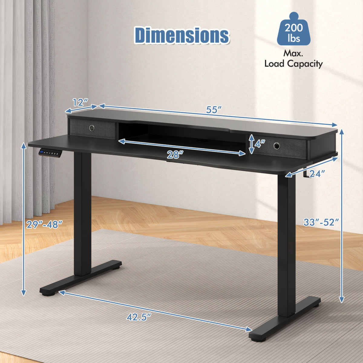 Electric Height Adjustable Standing Desk and Drafting Chair Set with Storage Drawers