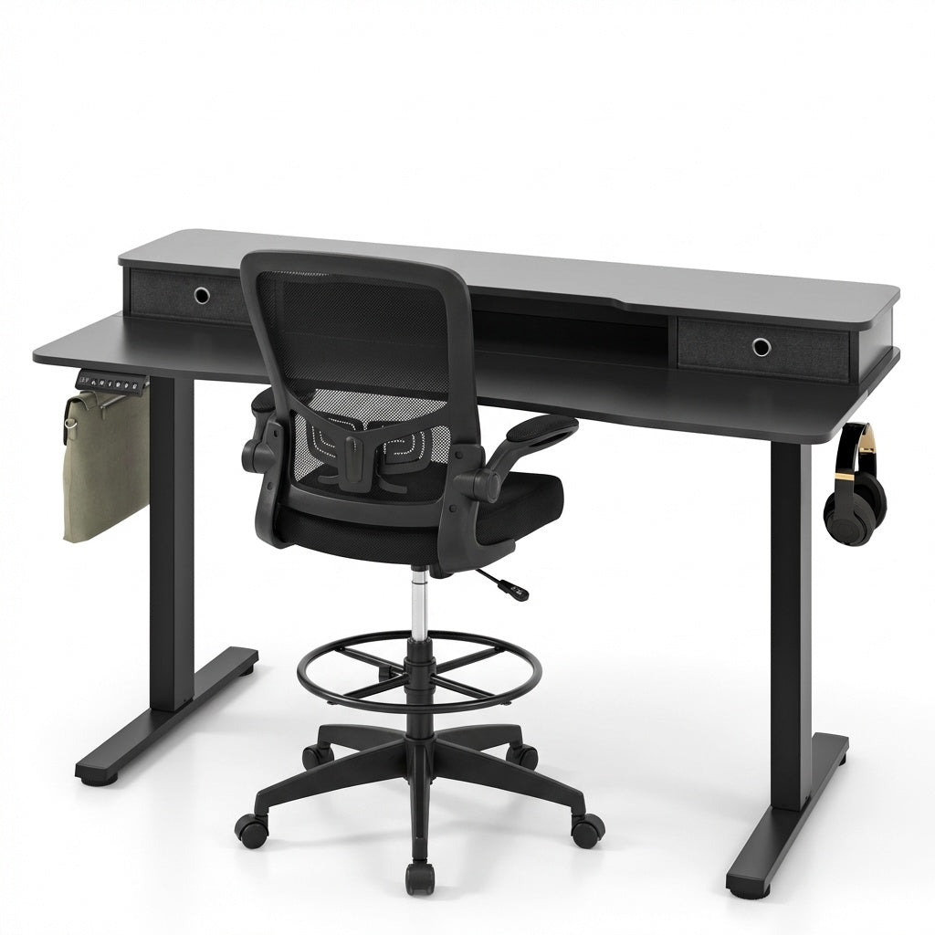 Electric Height Adjustable Standing Desk and Drafting Chair Set with Storage Drawers