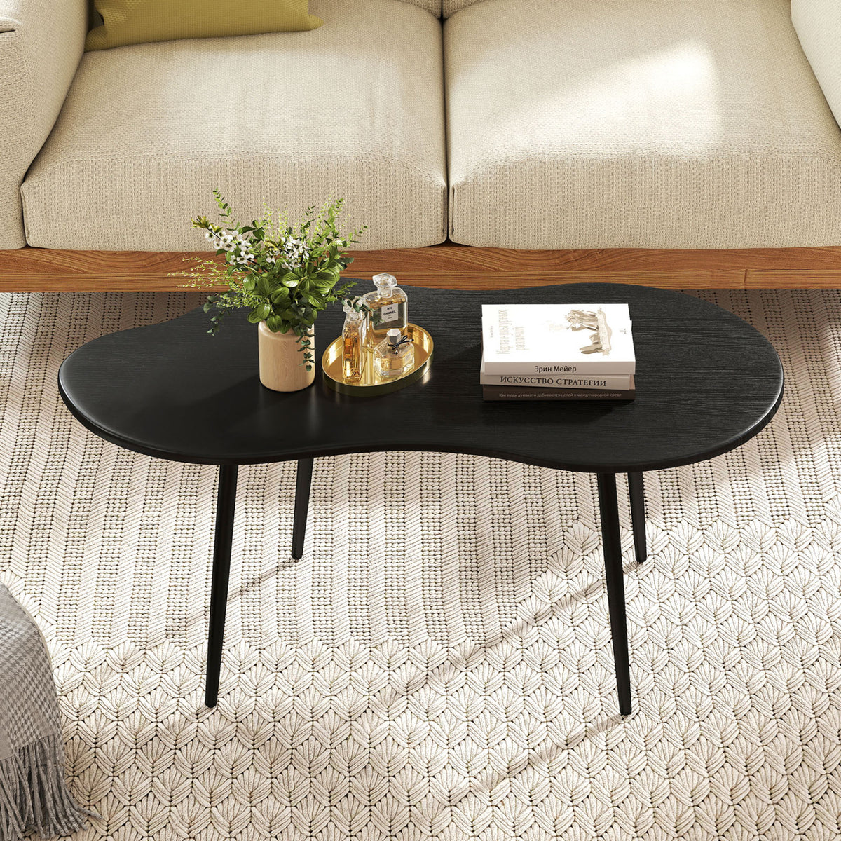 Cloud Shape Coffee Table 39.5 inch Irregular Center Table with Metal Frame-Black