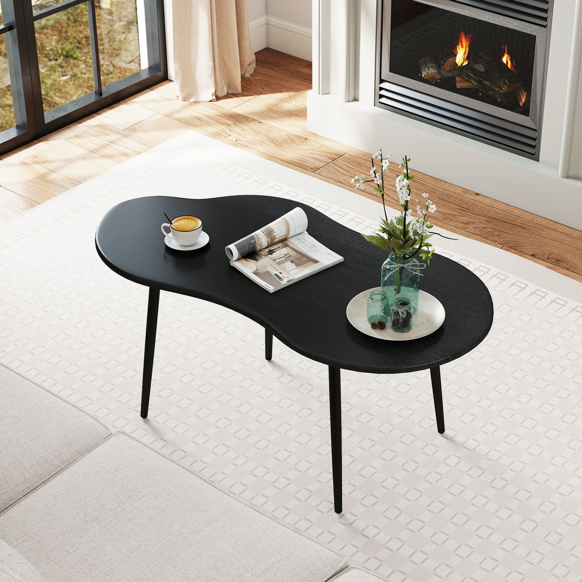 Cloud Shape Coffee Table 39.5 inch Irregular Center Table with Metal Frame-Black