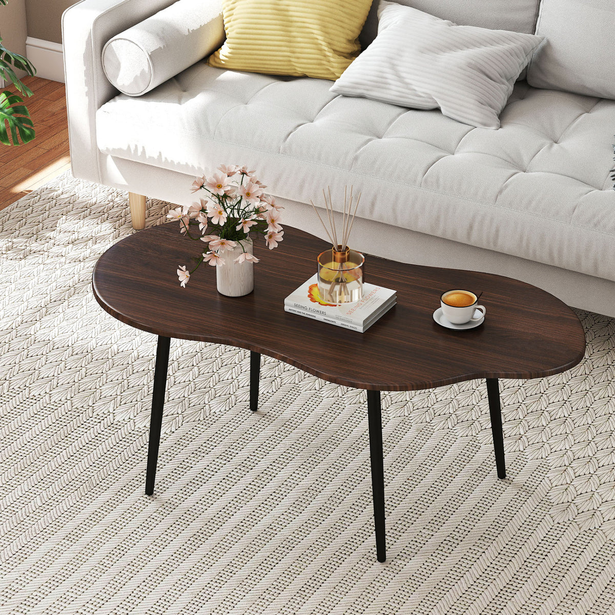 Cloud Shape Coffee Table 39.5 inch Irregular Center Table with Metal Frame-Walnut